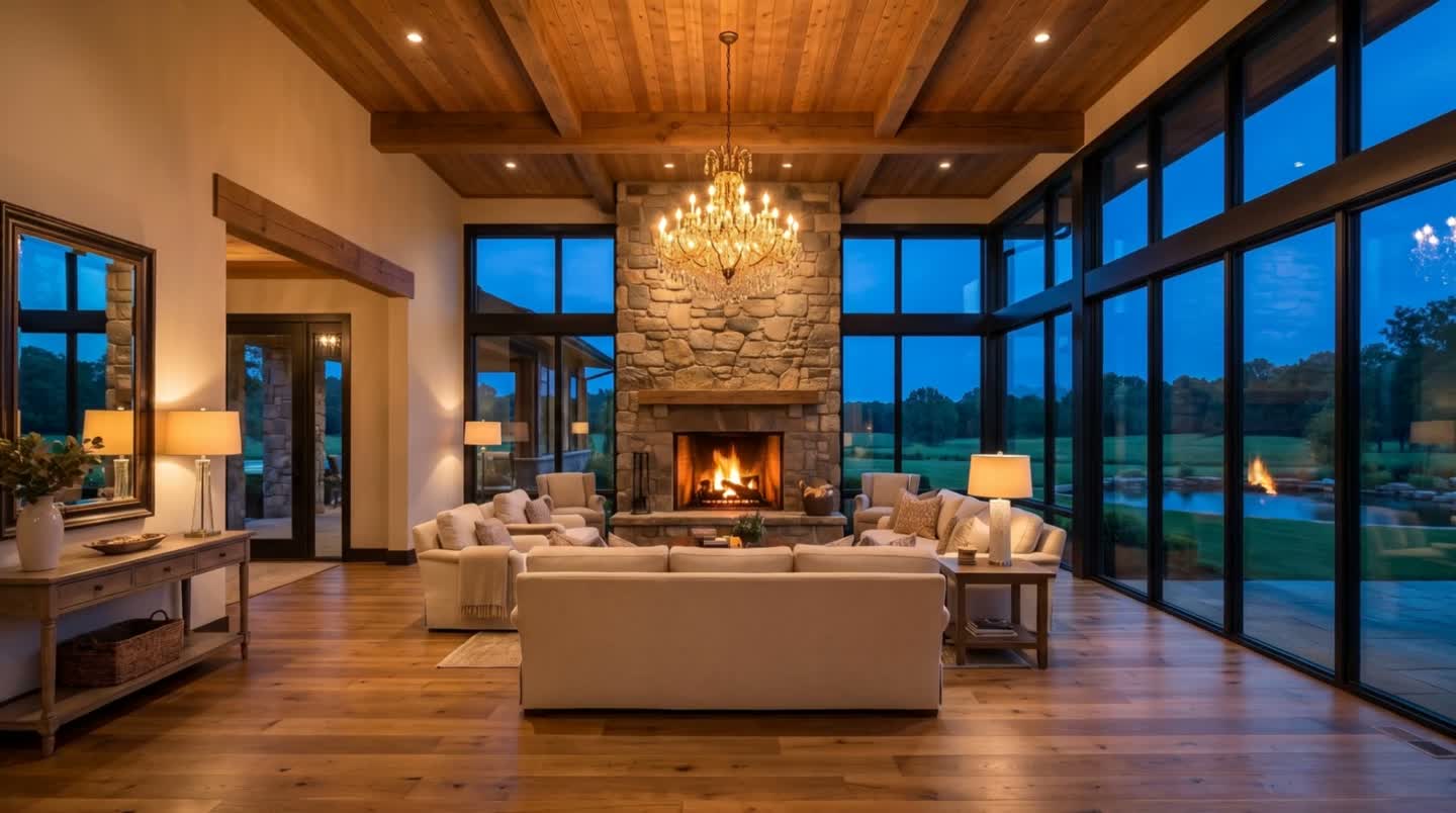 Great room with stone fireplace and glass walls at dusk