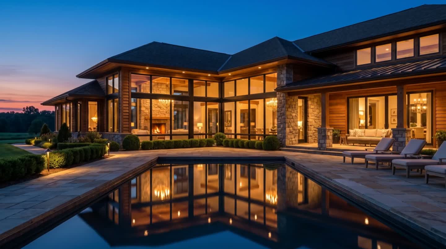 Pool terrace at twilight, house lit behind